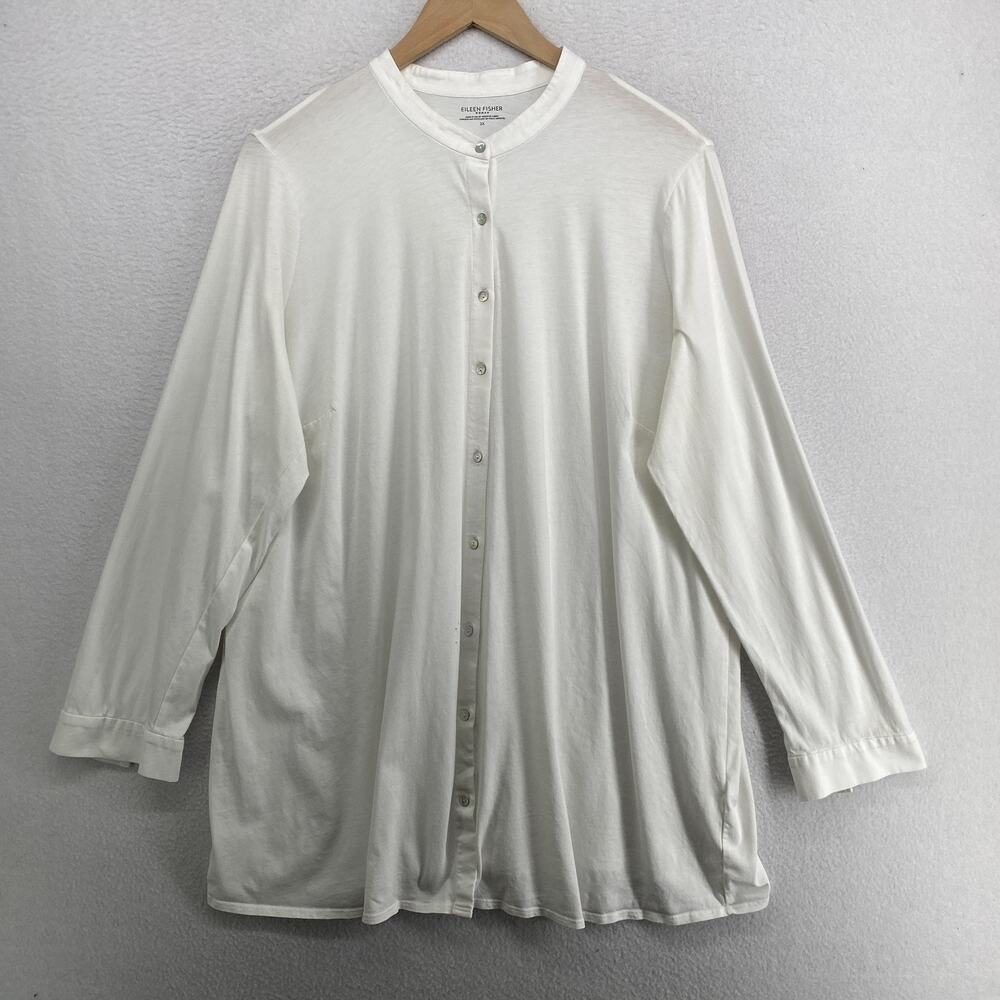 EILEEN FISHER Shirt 2X Organic Cotton Jersey Tunic Mandarin Button Up White USA